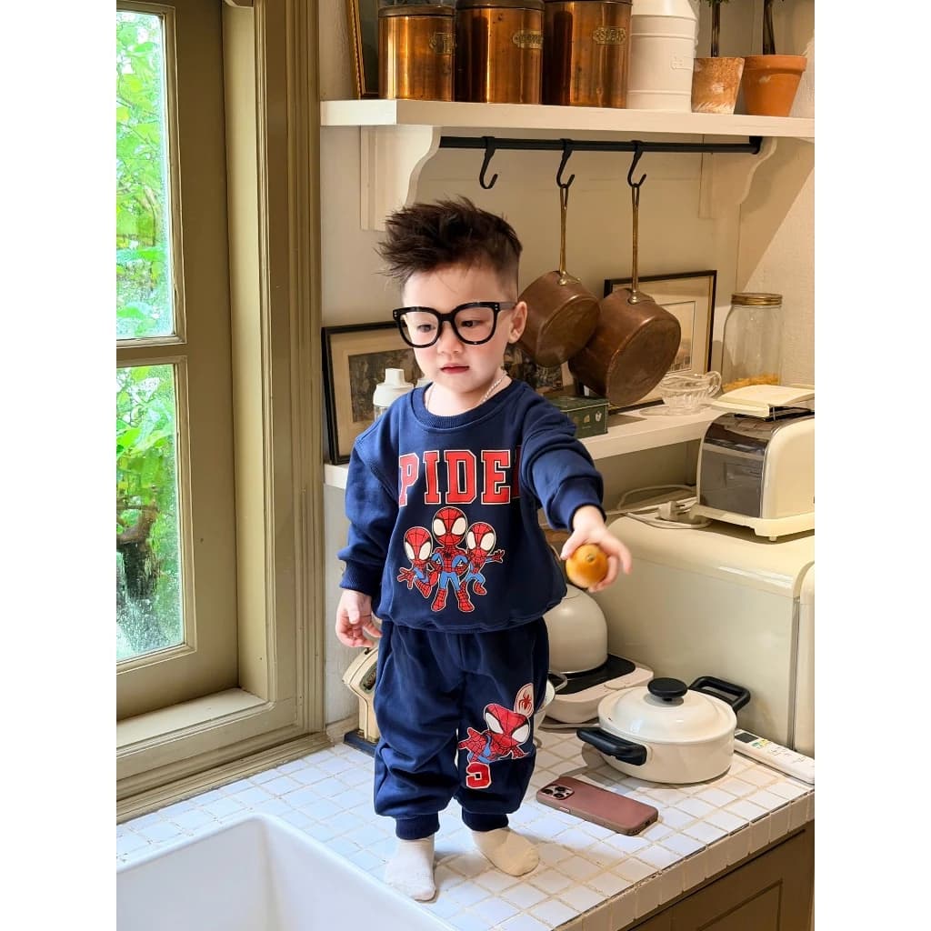 Bộ thu đông bé trai nỉ da cá, Bộ nỉ chân cua mềm bé trai siêu nhân nhện spiderman [9-24kg]