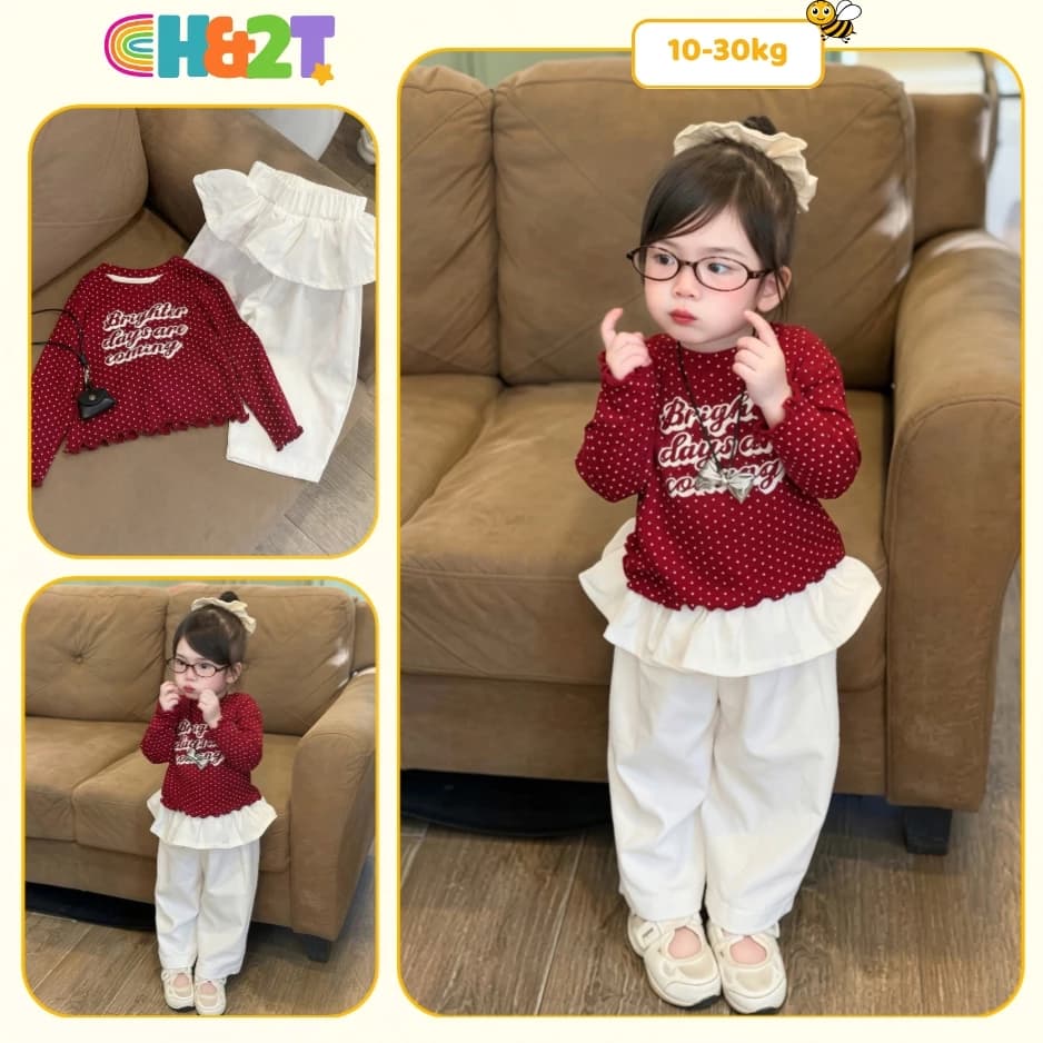 Set đồ bé gái áo thun dài tay đỏ đô chấm bi kèm quần dài cạp bèo trắng điệu đà H&2T Baby Kid - T28