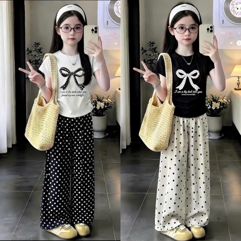 [14-44kg] Bộ áo cộc nhún eo, quần dài ống xuông chấm bi điệu đà cho bé gái mã SUNLiGHT-SHOP KEN KIDS