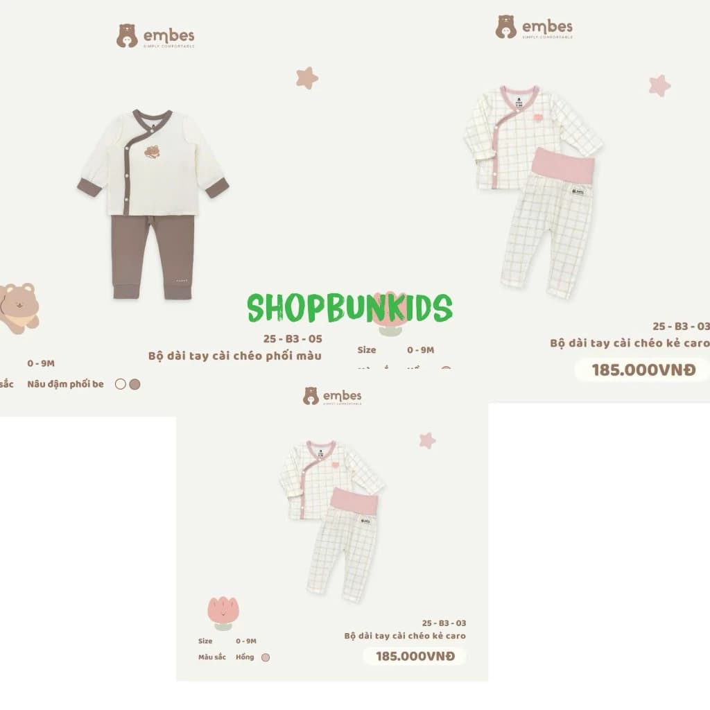 Bộ dài tay sơ sinh cài lệch Embes vải Thun Cotton mỏng Mềm Mịn Size 0-9m Bộ Newborn Dài Tay Cài chéoCho Bé Trai Bé Gái ,