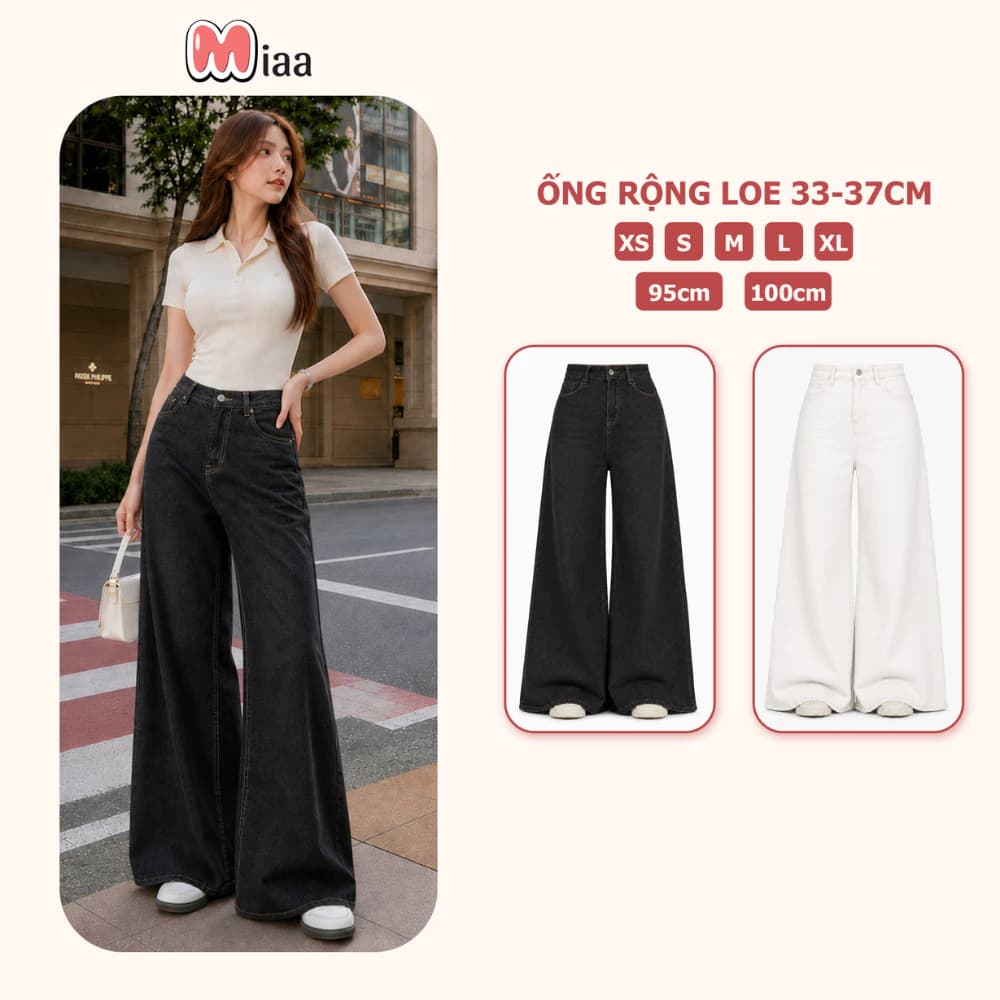 [DEAL HÀNG MỚI] Quần Jean Nữ Lưng Cao MIAA Ống Rộng Loe 33-37cm Tôn Dáng - Màu Trắng, Đen Xám - Dài 95cm và 100cm
