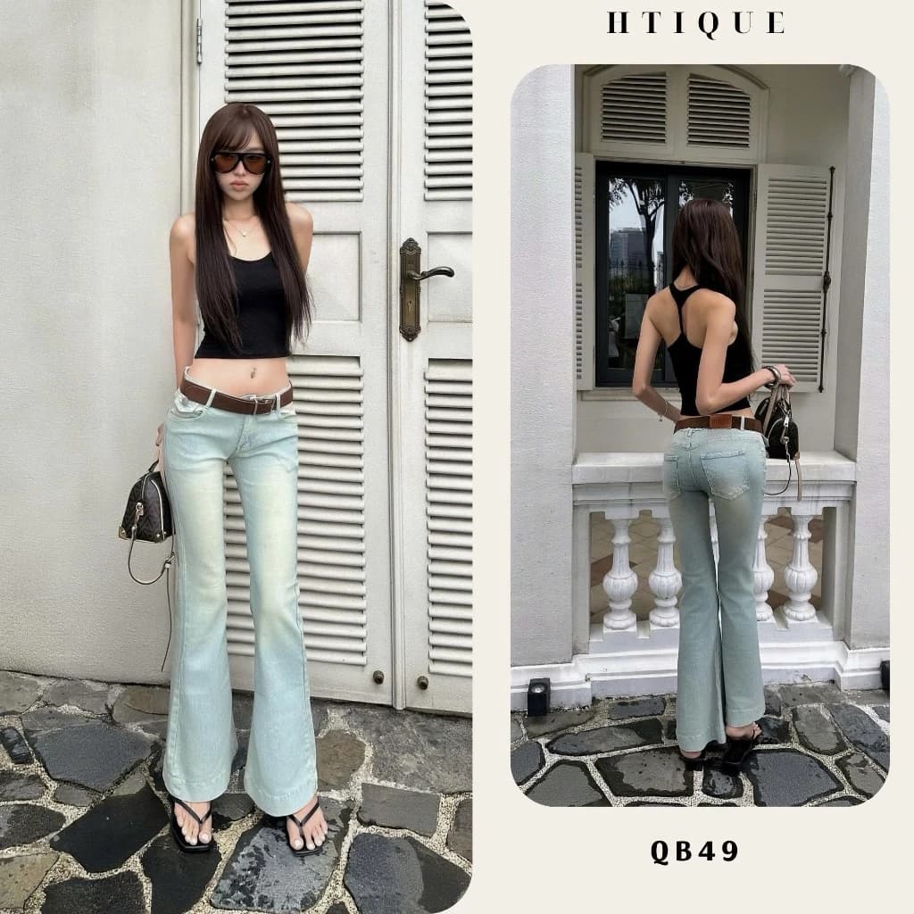 HTIQUE (Chưa kèm dây lưng) - DEAL mở bán Quần Jeans Ống Loe Cạp Trung Tôn Dáng Màu Xanh, Quần Jean Nữ Dài Basic QB49