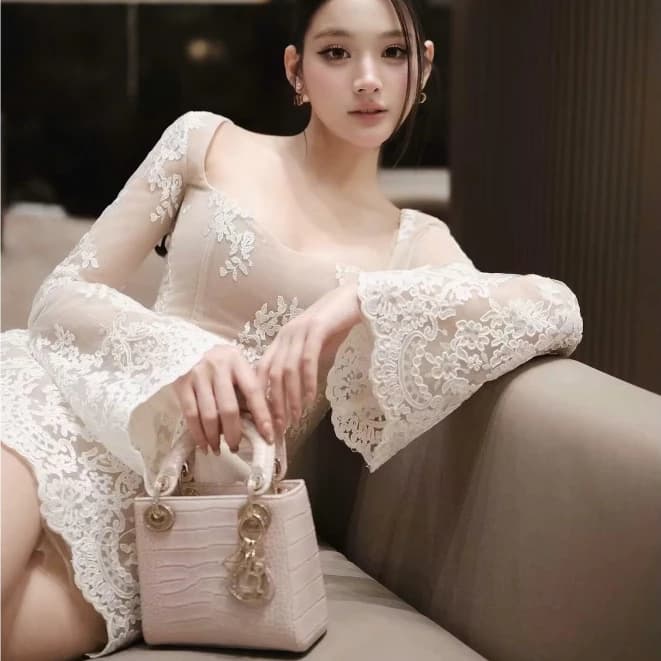 DA2208- ĐẦM TAY LOE DÁNG NGẮN REN HỞ LƯNG ĐAN DÂY DIEUANH