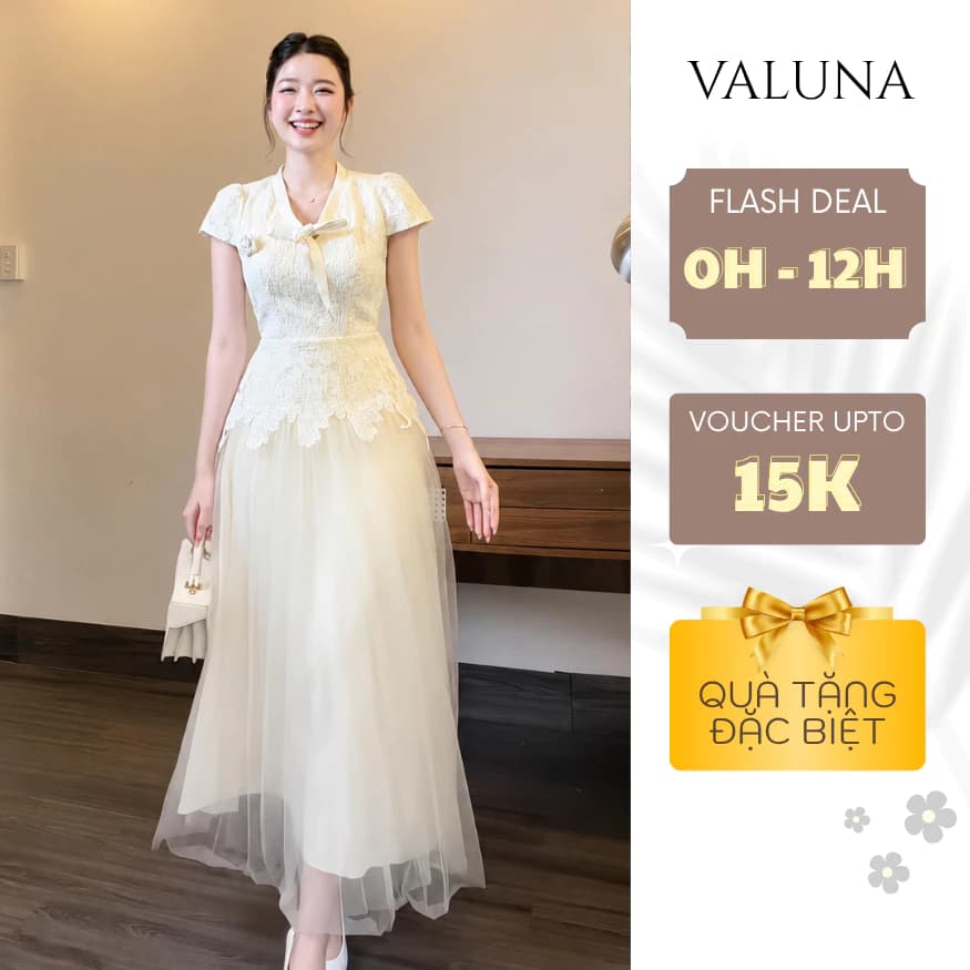 Váy ren hoa trà phối lưới nữ dáng dài chiết eo thanh lịch sang trọng dự tiệc VALUNA STORE 2764