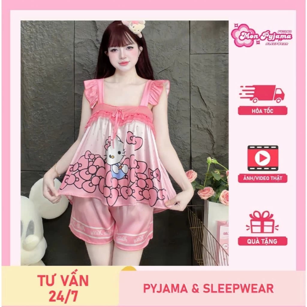 Đồ ngủ dễ thương,đồ ngủ lụa lạnh cao cấp,bộ tiểu thư,đồ bộ nữ đồ mặc nhà cánh tiên quần đùi cute[05]