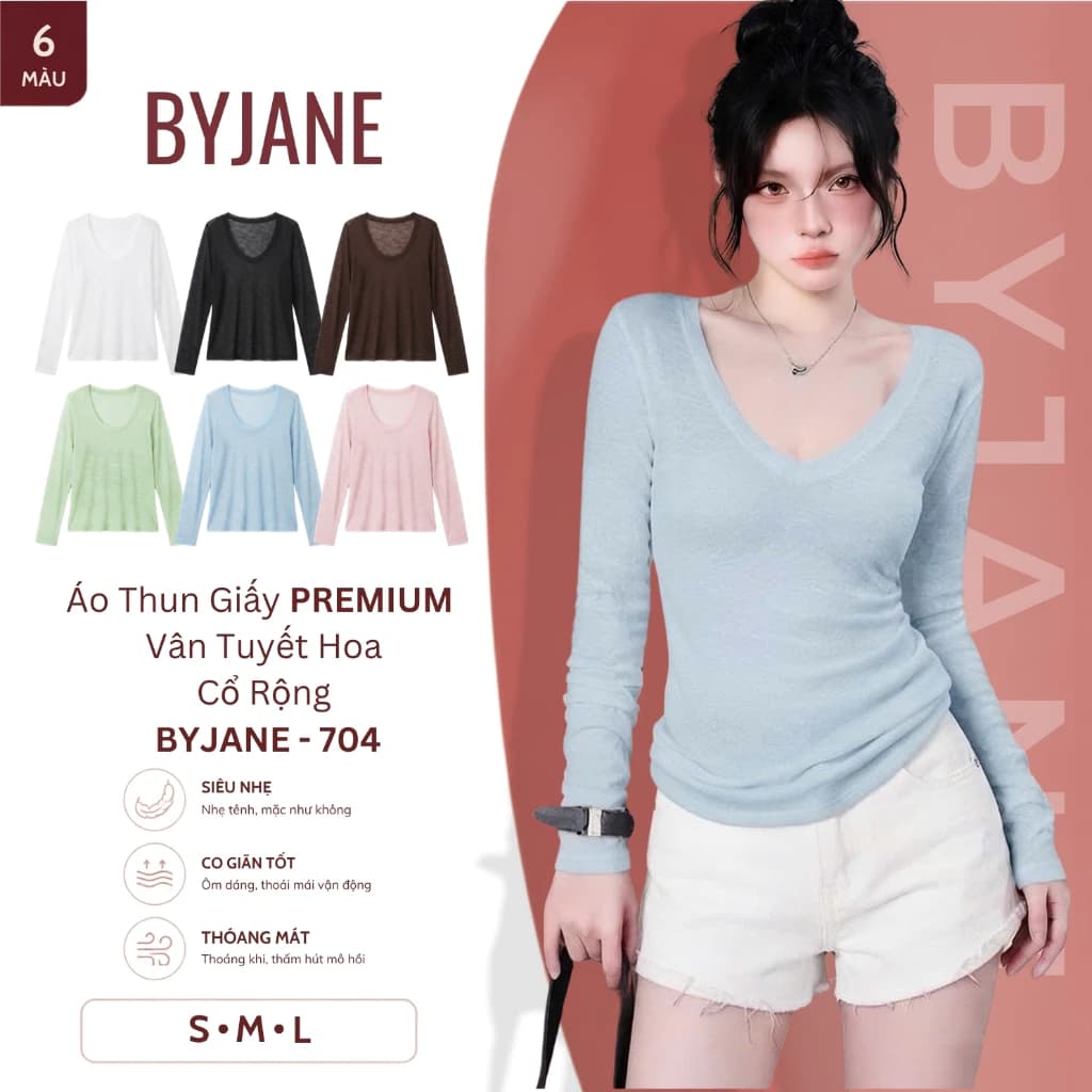[ MỞ BÁN - PREMIUM ] Áo Thun Giấy Premium Vân Tuyết Hoa Cổ Rộng Nữ Thời Trang Ôm Dáng BYJANE - 704