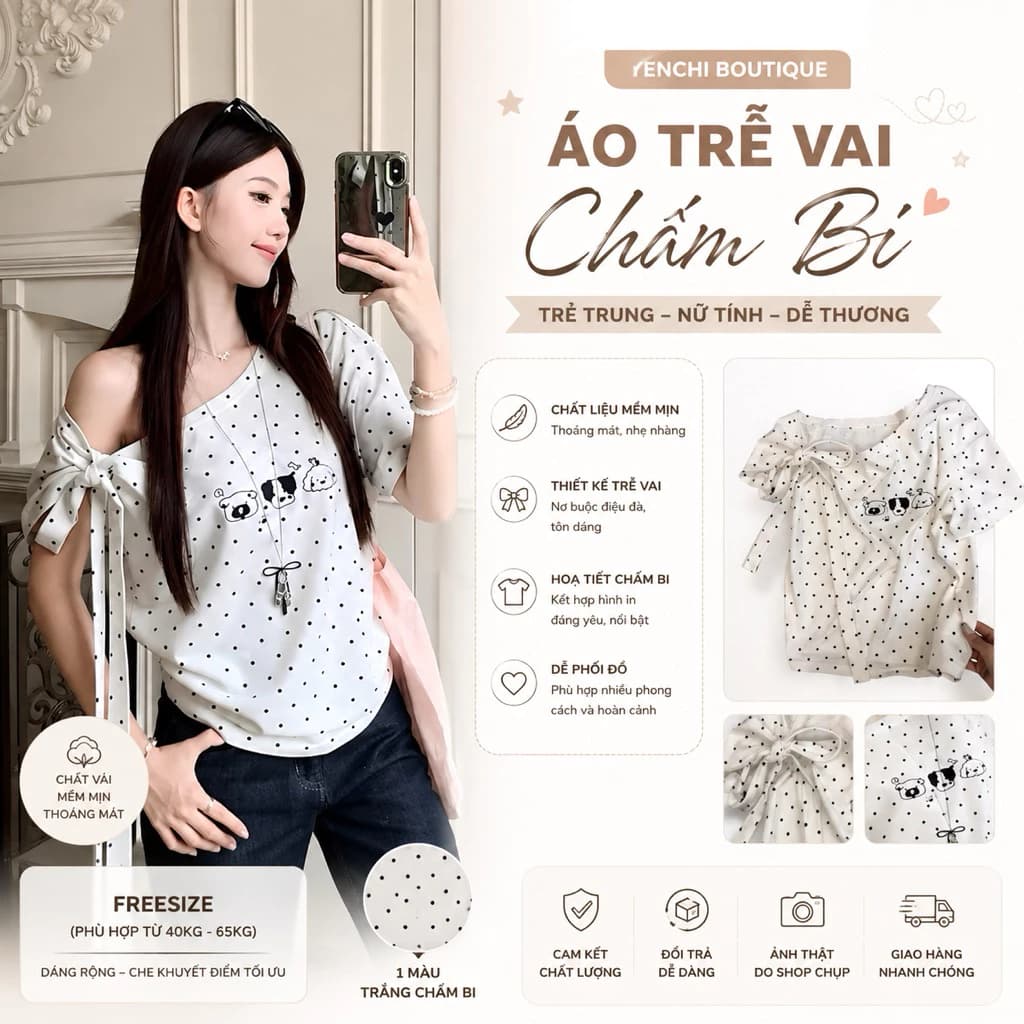 Áo Thun Nữ Trễ Vai Chấm Bi Hình Cún Con Dễ Thương - Áo Phông Cộc Tay Thắt Nơ Style Hàn Quốc - Áo Kiểu Nữ Mùa Hè