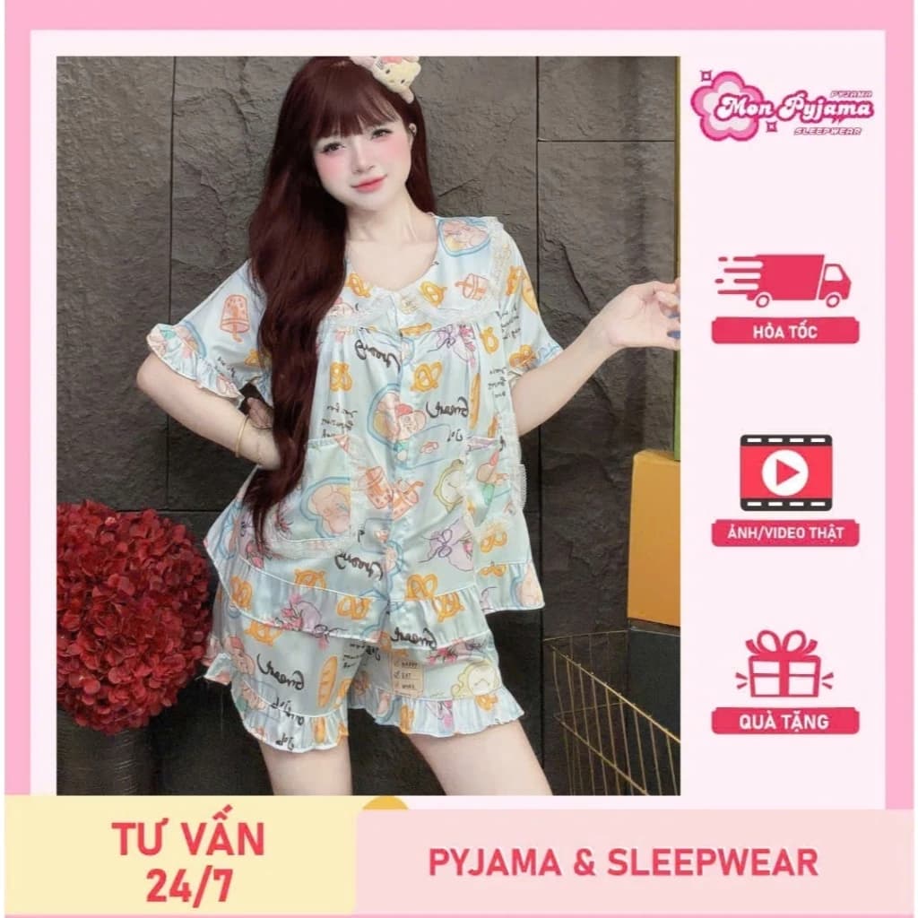 Đồ ngủ lụa lạnh cao cấp,bộ tiểu thư,đồ bộ nữ mặc nhà latin quần đùi họa tiết hoạt hình siêu mát[290]
