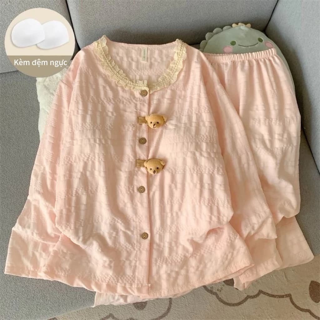 [Sẵn] Bộ ngủ pyjama nữ áo dài quần dài đũi nhăn kèm đệm ngực nhiều hoạ tiết mặc nhà 694