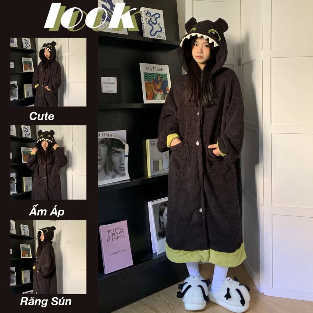 Bộ Ngủ Lông Hình Rồng Đen (Răng Sún) Dễ Thương Unisex – Bộ Ngủ Pyjama Nam Nữ Mặc Mùa Đông Giữ Ấm Siêu Mềm Mại Ấm Áp