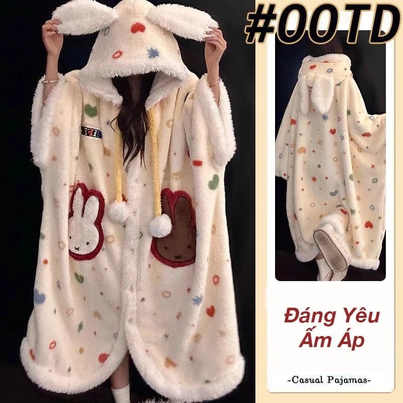 Bộ Ngủ Lông Hình Thỏ Trắng Dễ Thương – Đồ Ngủ Nữ Pyjama Bộ Mặc Nhà Mùa Đông Giữ Ấm Siêu Mềm Mại Ấm Áp
