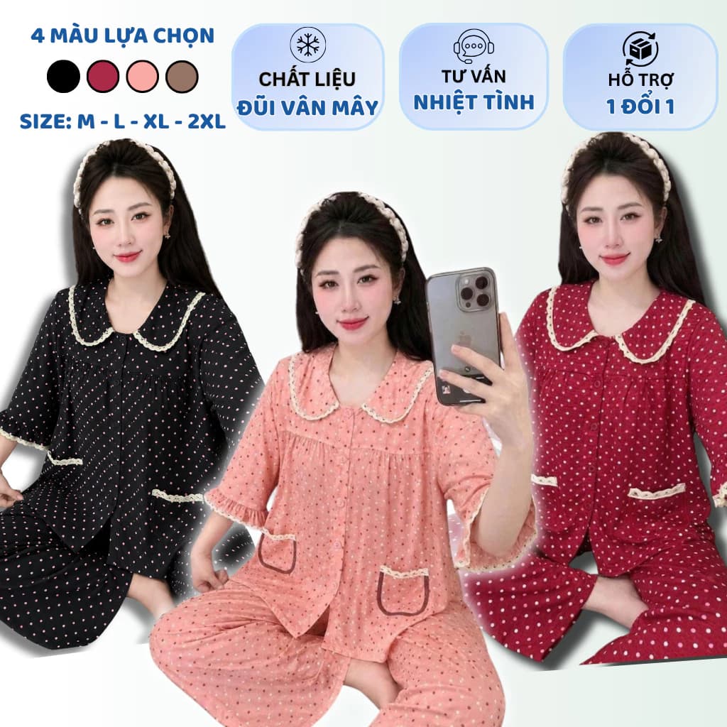 SET ĐỒ BỘ NỮ,ĐỒ MẶC NHÀ,PYJAMA,SET SUÔNG TAY LỠ QUẦN DÀI ĐŨI VÂN MÂY CỔ SEN PHỐI REN CHẤM BI FORM RỘNG BIGSIZE 40-80KG