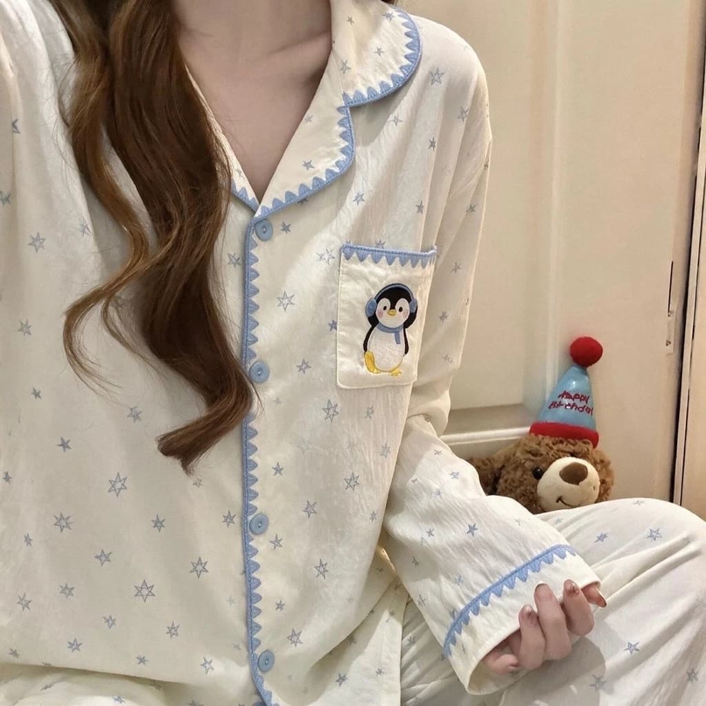 [Sẵn] Bộ ngủ pyjama áo dài quần dài viền len nhiều hoạ tiết dễ thương mặc nhà 724
