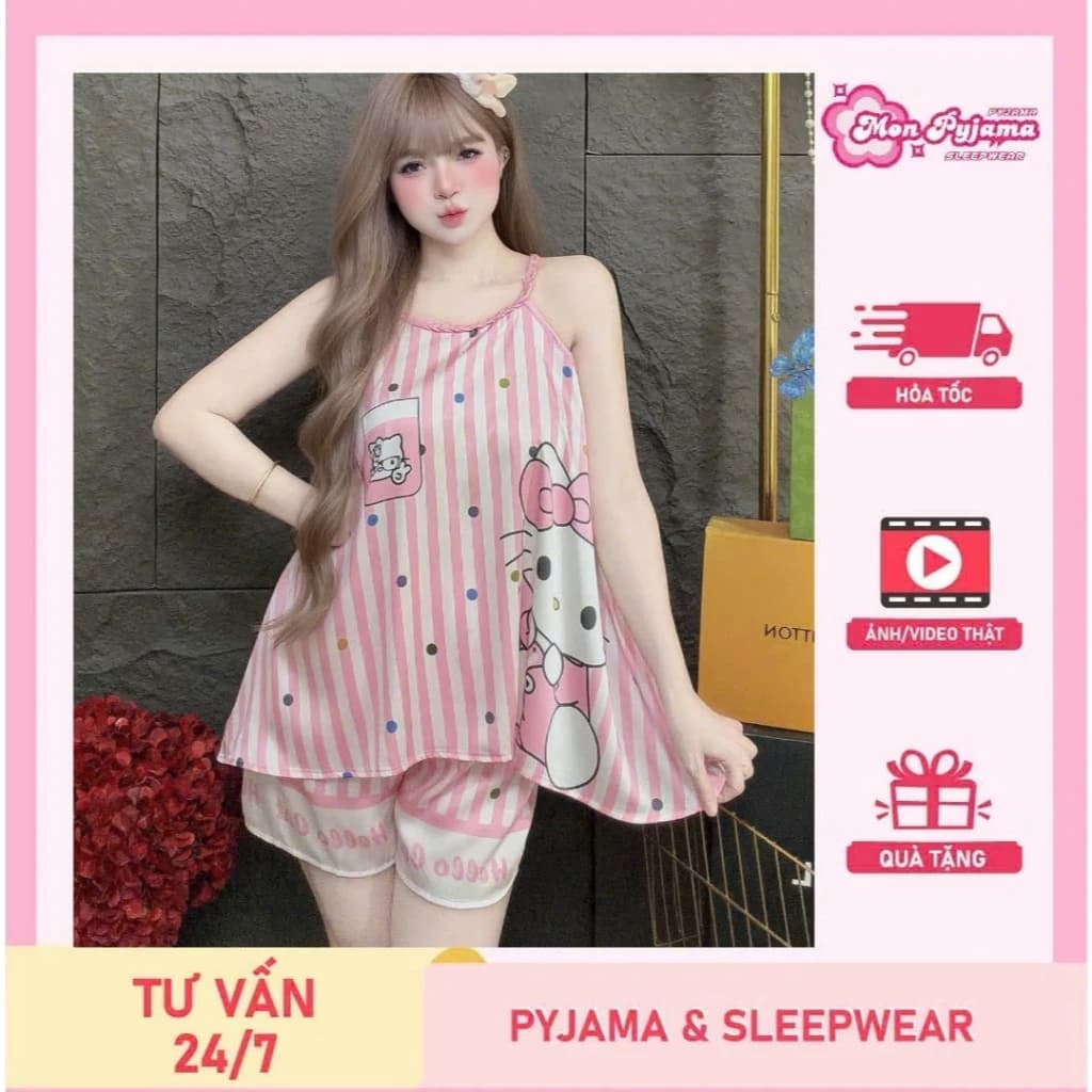 Đồ bộ nữ đồ mặc nhà,đồ ngủ nữ tiểu thư,đồ lụa đùi cổ yếm dây thắt nơ họa tiết hoạt hình đáng yêu[23]