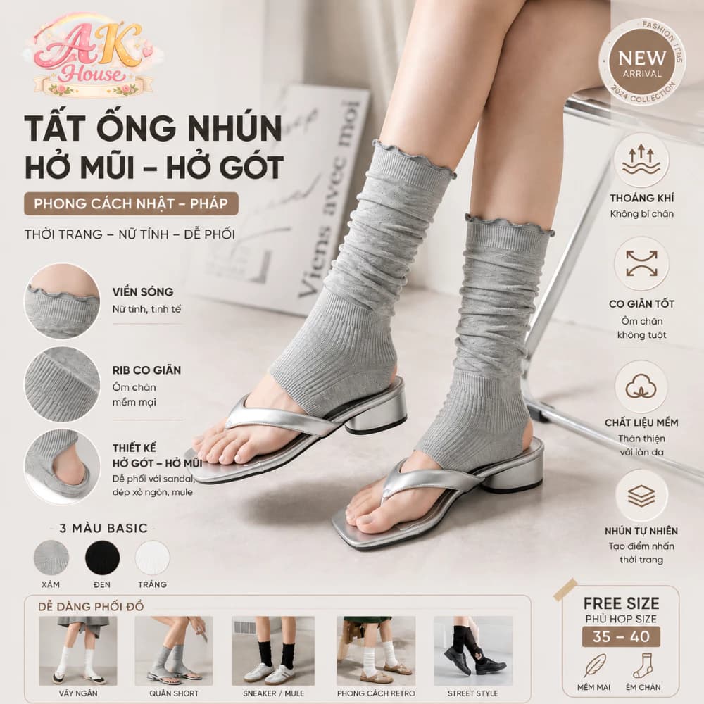 Tất Nhún Nữ Hở Mũi Hở Gót TO10 – Tất Ống Dài Co Giãn Mềm Mịn Phong Cách Hàn Quốc AK HOUSE