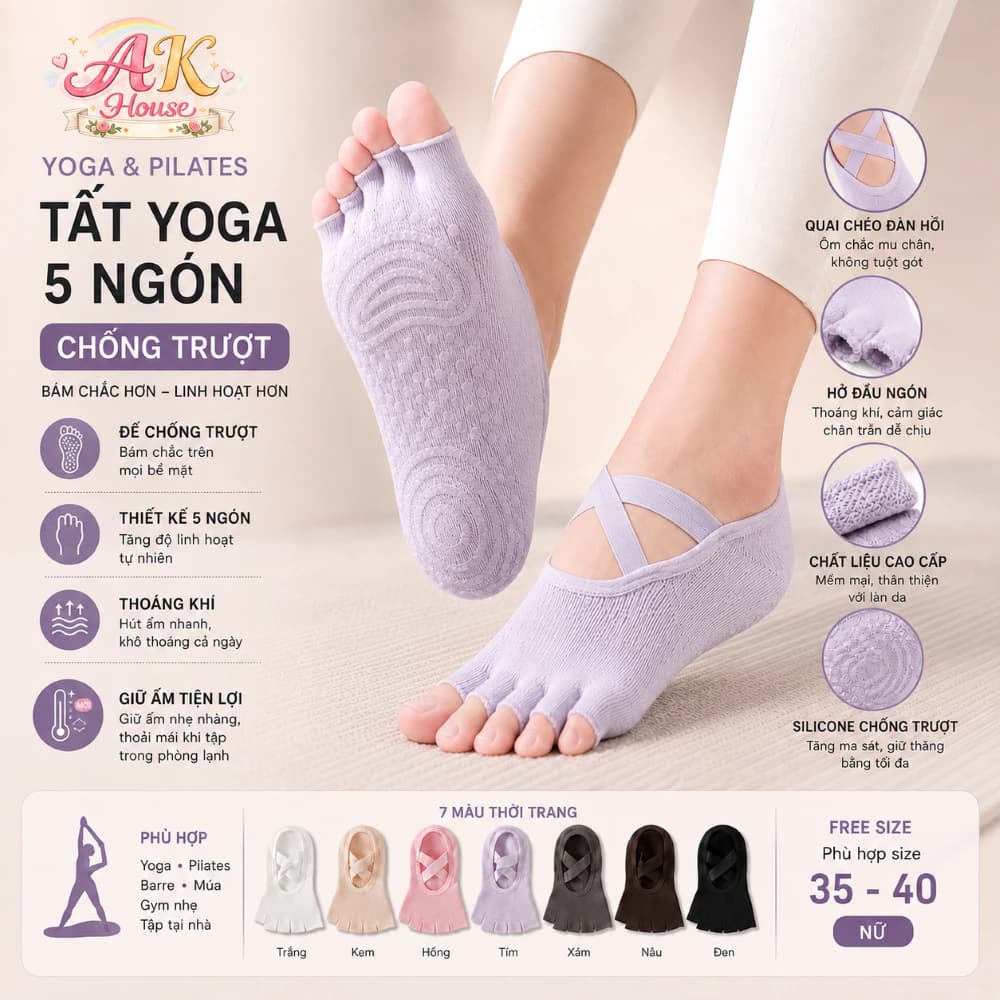Tất Yoga 5 Ngón Nữ Chống Trượt Có Dây Chéo, Tất Pilates Hở Ngón Thoáng Khí Co Giãn Ôm Chân AK House