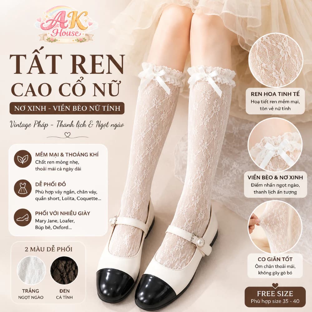 Tất Ren Nữ TG14 Cao Cổ Nơ Xinh Viền Bèo, Vớ Ren Hoa Vintage Coquette Tiểu Thư Phối Giày Mary Jane Trắng Đen
