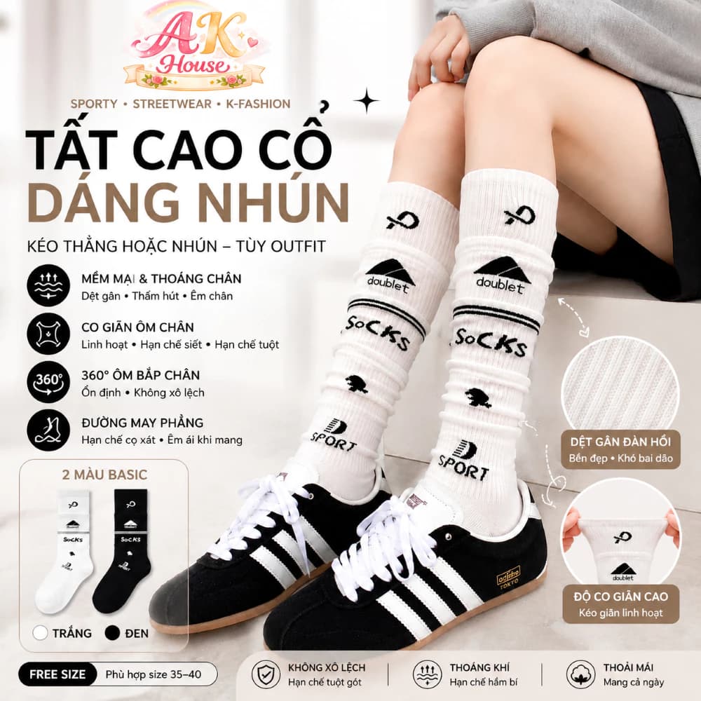 TG15 Tất Nữ Cao Cổ Dáng Nhún Phong Cách Hàn Quốc, Vớ Dài Co Giãn Họa Tiết Sporty Phối Sneaker