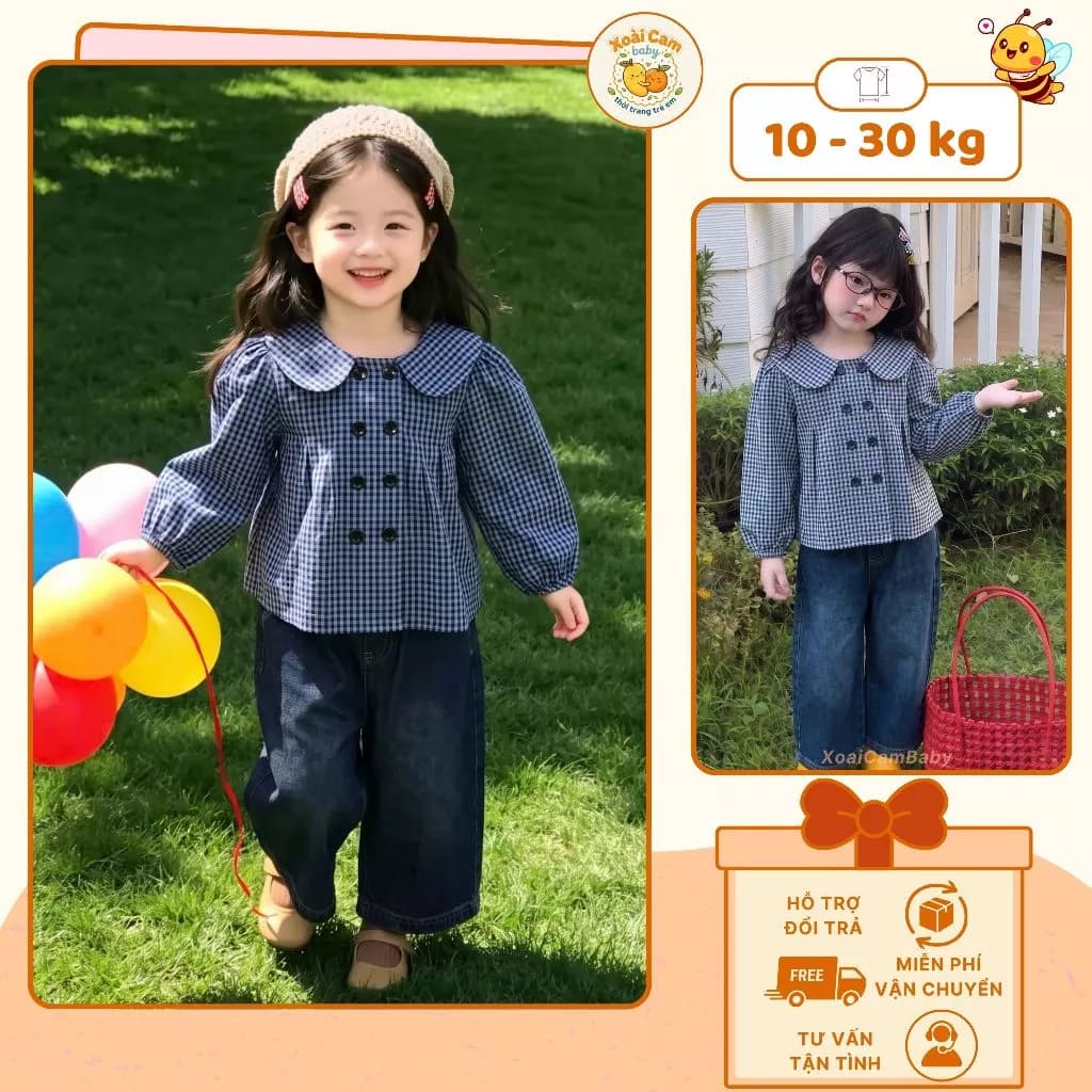 Set Đồ Bé Gái Áo Caro Cổ Sen Tay Dài Phối Quần Jean, Set Áo Sơ Mi Phối Quần Jean Cho Bé Gái Đi Học Dễ Thương - M77