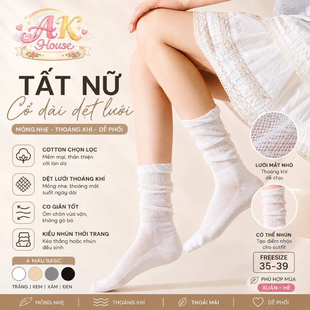 Tất nữ ren cao ngang gối lưới TG4 AK Accesstory phong cách đơn giản nhẹ nhàng mùa hè thoáng khí mềm mịn cho bạn gái