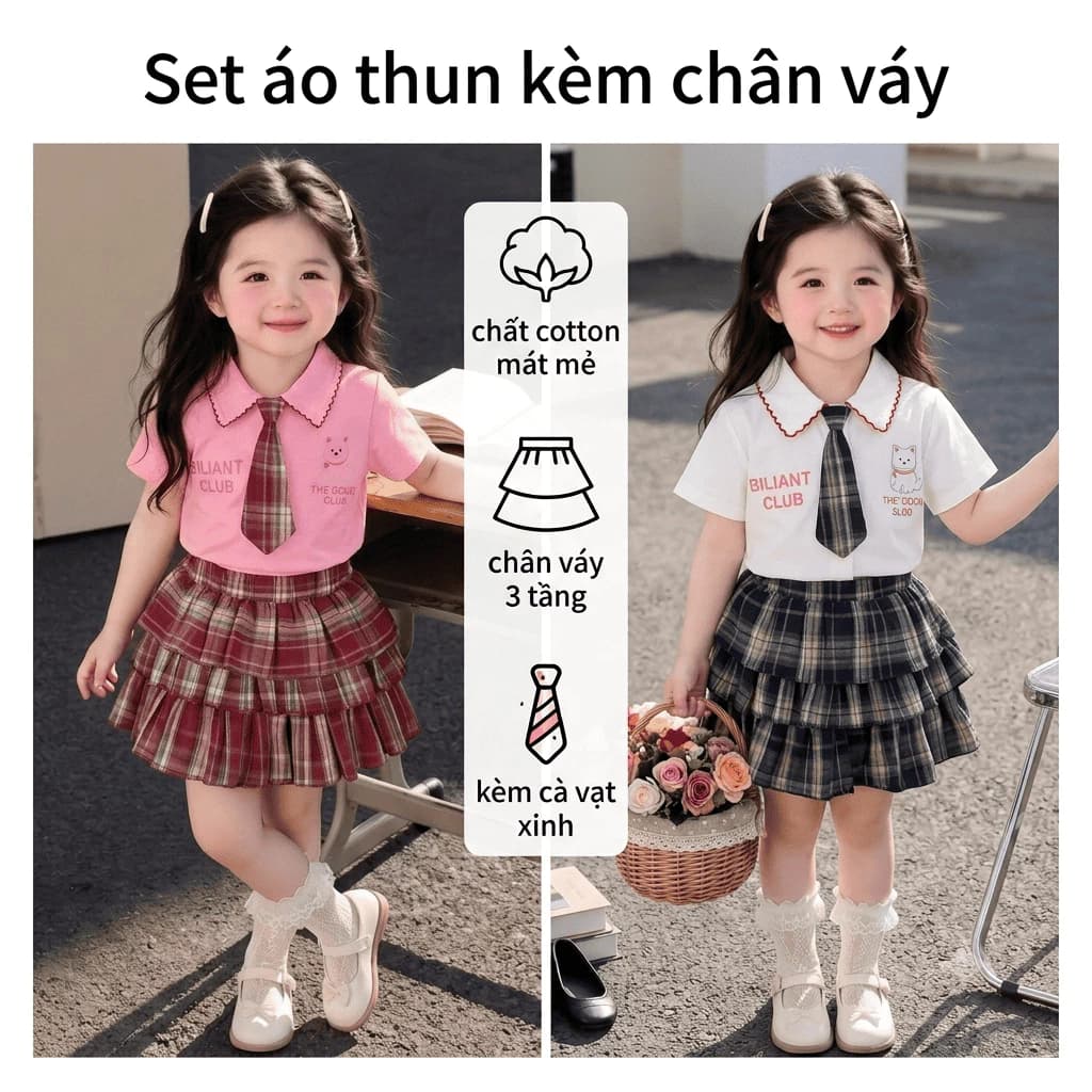 (MỞ BÁN-XưởngMayHK) Set Áo Thun Chân váy kèm cà vạt - Bộ Áo Sơ Mi Kèm Chân Váy Xếp Tầng Caro Cho bé mặc chơi đi học