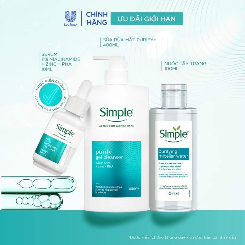 [Live] Bộ 3 Simple - Nước Tẩy Trang 100ml, Sữa Rửa Mặt 400ml, Serum 10ml Purify+ Giảm Mụn Sau 7 Ngày