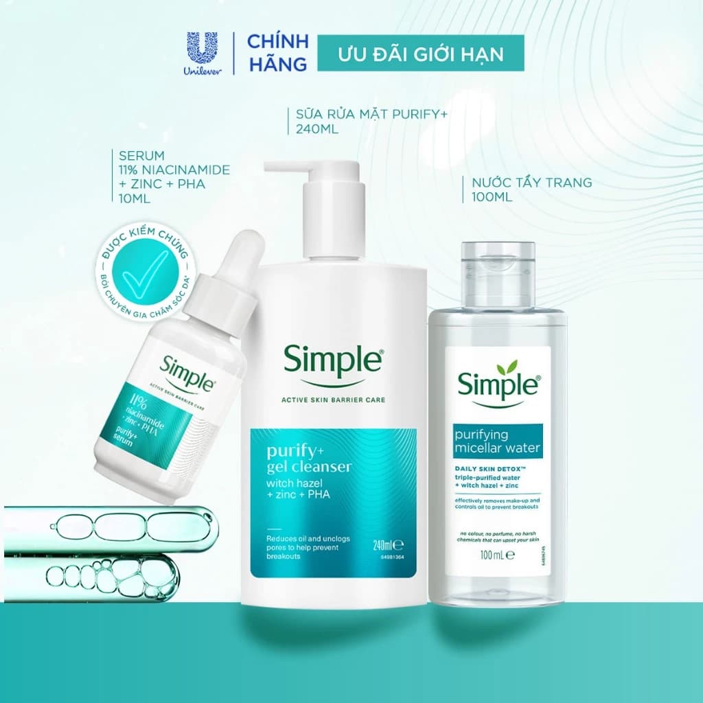 Bộ 3 Simple Tẩy Trang 100ml, Sữa Rửa Mặt 240ml & Serum 10ml Purify+ Giảm Mụn, Repair+ Phục Hồi, Hydrate+ Căng Mướt Da