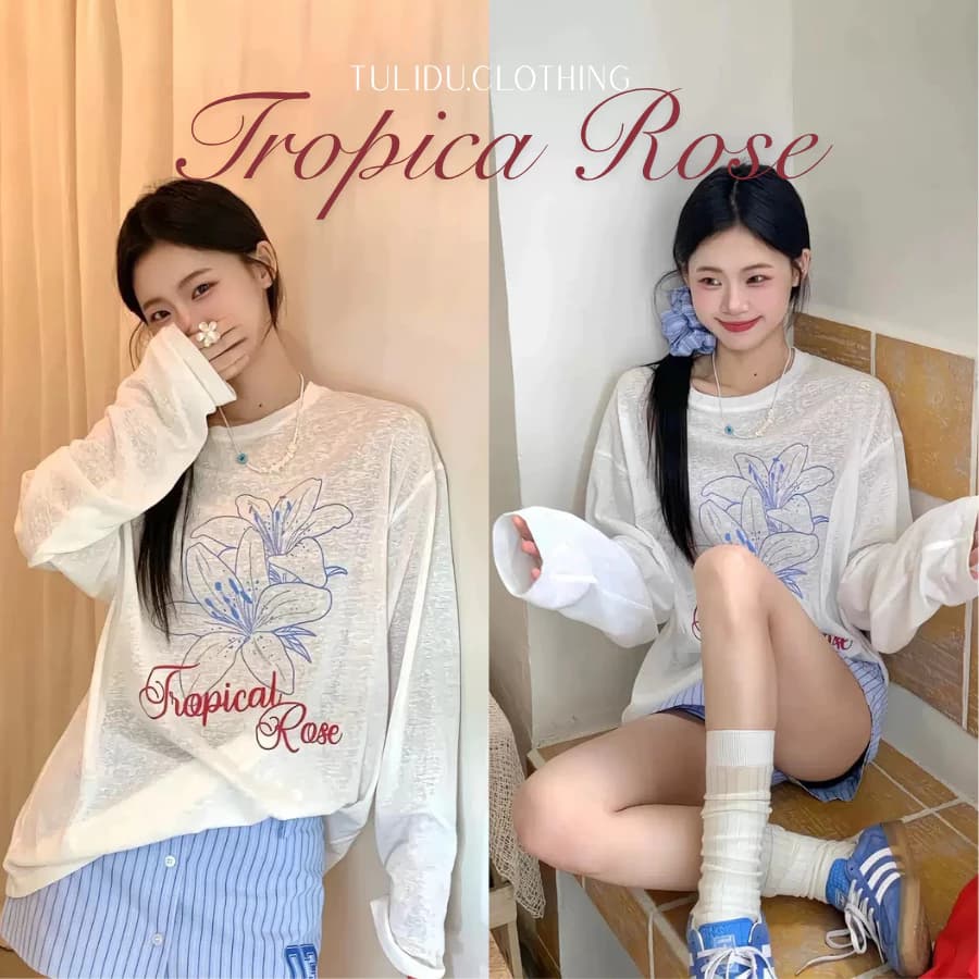 Tulidu - Tropical Rose | Áo Thun Giấy Dài Tay Nữ Form Rộng Hoạ Tiết In Sắc Nét