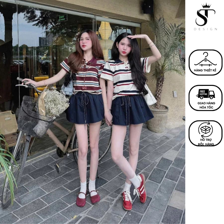 [SVIP] Set áo polo kẻ trend + chân váy xanh than dáng xòe hàng QC cao cấp - ST Design - 24