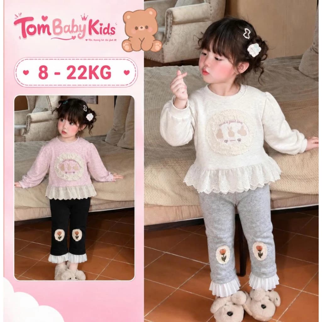 Bộ đồ bé gái mùa đông, set đồ bé gái dài tay áo dài tay nỉ phối ren, mix quần bó thêu hoa 8-22kg Tom Baby Kids [BO-160]