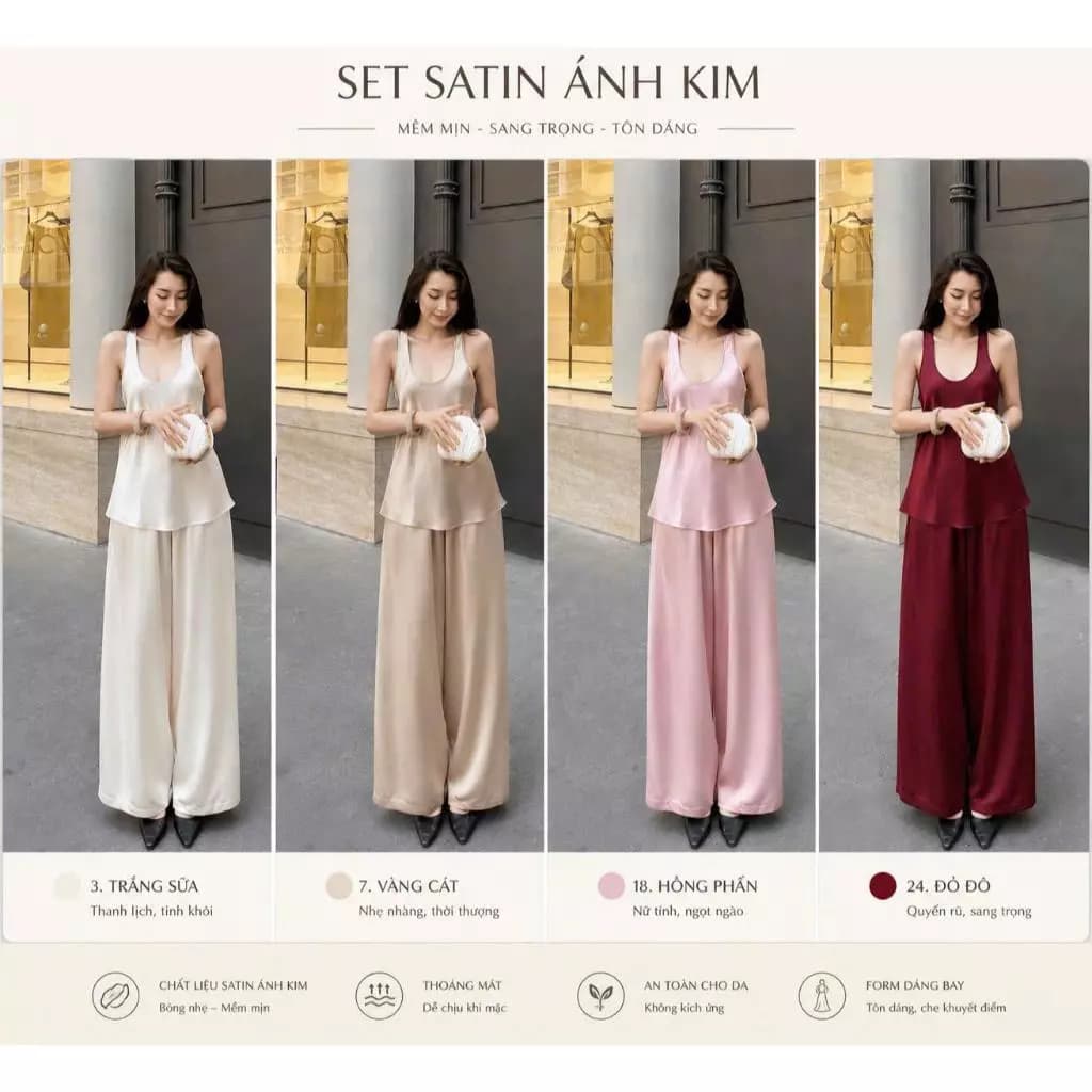 XẢ KHO - G16 - Set Lụa Satin Ánh Kim Mềm Mịn Sang Trọng Tôn Dáng Ngọc Lucie