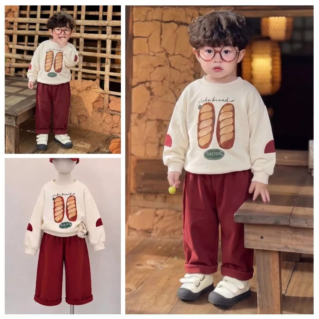 Bộ đồ thu đông bé trai hình bánh mì, Set bộ dài tay bé trai chất dày dặn mềm mịn cho bé từ 9 đến 24kg