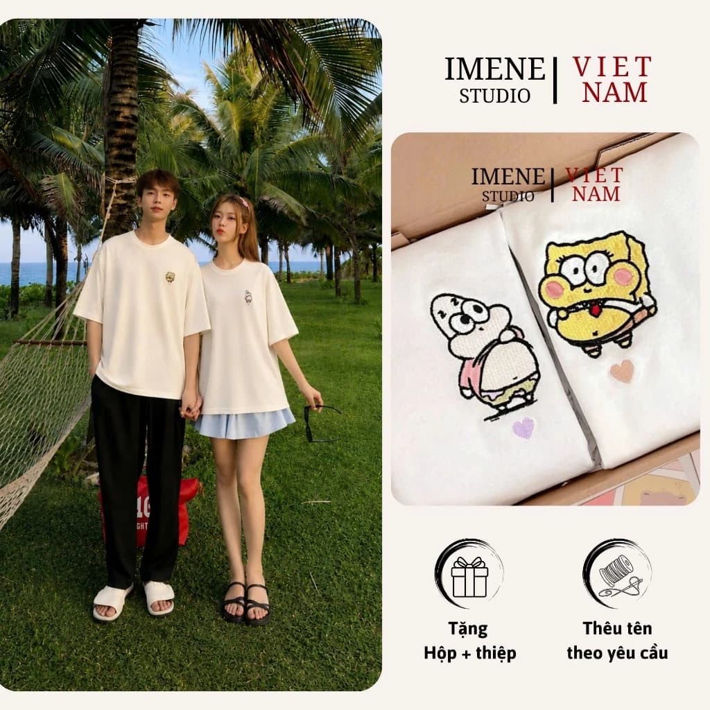Áo thun THÊU cặp đôi nam nữ, áo phông thêu cặp đôi, áo phông nữ form rộng tay lỡ unisex thêu BỌT BIỂN (IM15