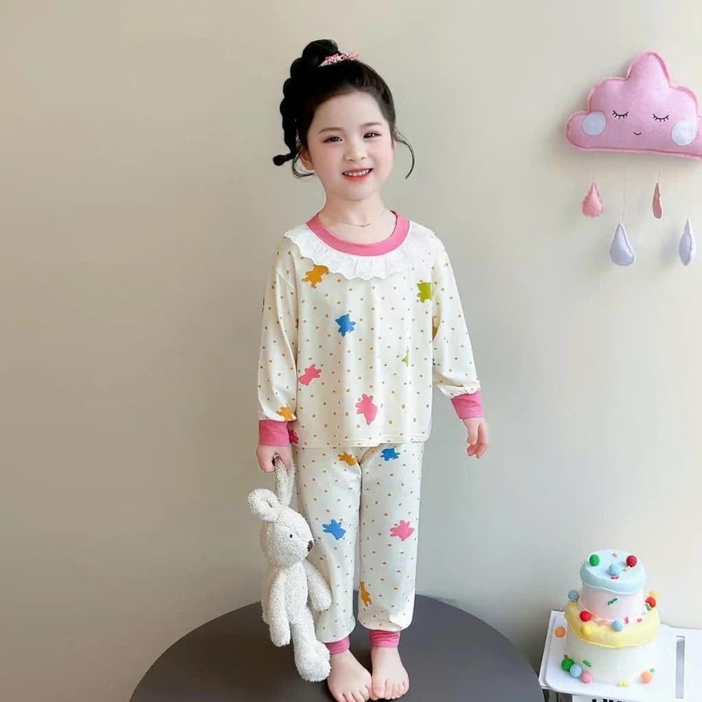 [A73] Bộ thu đông bé gái dài tay, set đồ trẻ em chất tăm gân cổ ren in gấu co giãn thoải mái mùa thu đông 8-22kg