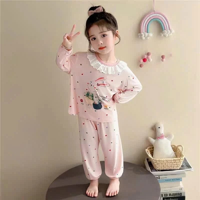 [A74] Bộ thu đông bé gái dài tay, set quần áo trẻ em chất tăm gân ren cổ họa tiết thỏ mềm co giãn đẹp 9-26kg