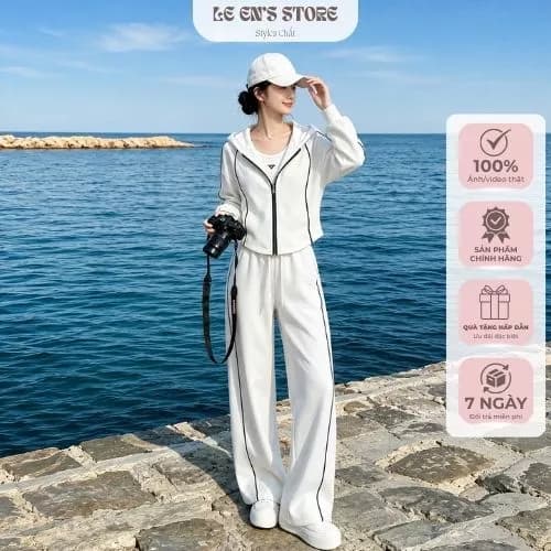 Set bộ nỉ len dài tay nữ áo khoác có mũ phối quần ống rộng, set đồ nữ kẻ viền thu đông