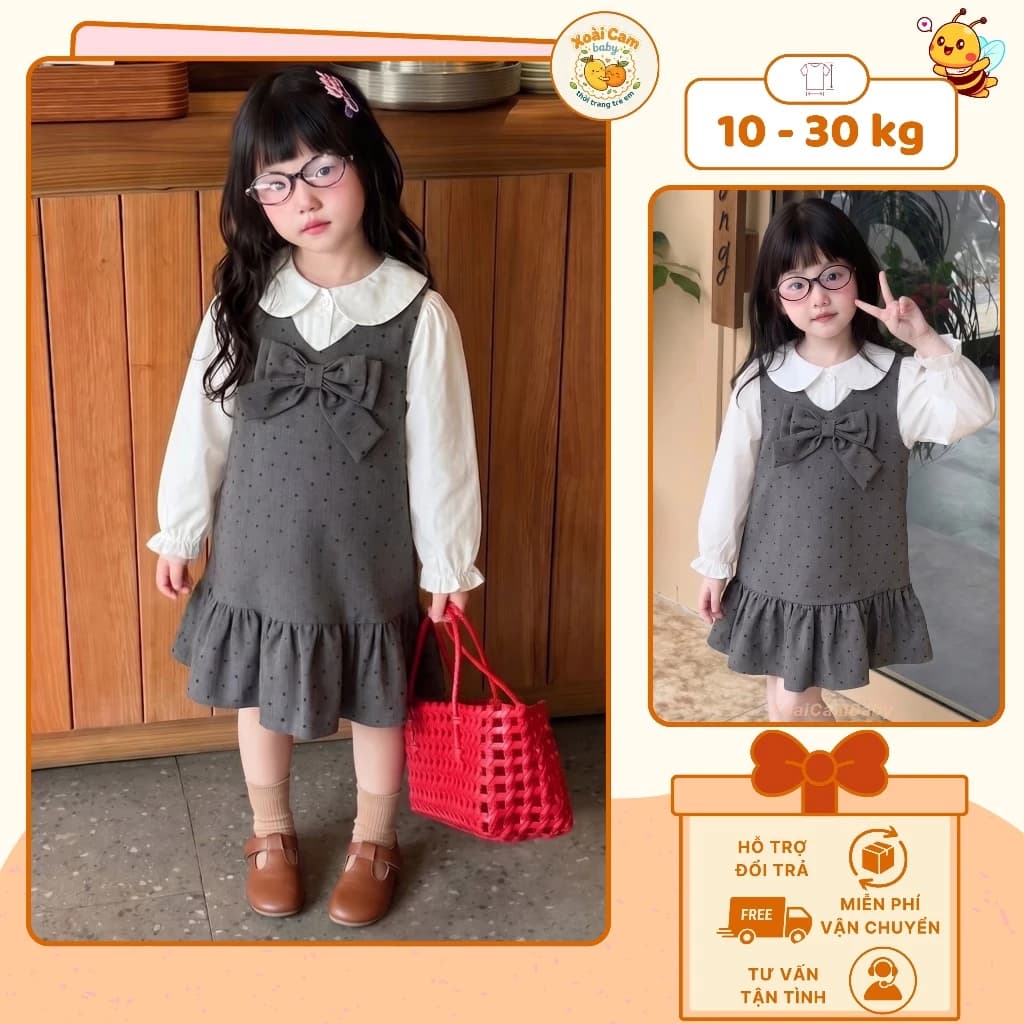 Set Váy Bé Gái Áo Sơ Mi Trắng Phối Váy Yếm Xám Chấm Bi, Váy Đi Học Cho Bé Kèm Nơ Cổ Xinh Phong Cách Hàn Quốc