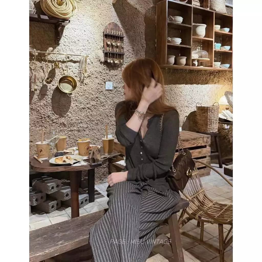 Set Đồ Bộ Nữ Thu Đông Áo Cardigan Bozip Kèm Quần Suông Kẻ Sọc Dáng Dài Basic Hàn Quốc