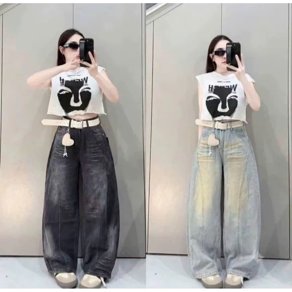 M99 Quần Jeans Suông Ống Rộng Cạp Trước Khoá Sau Chun Mặc Thoải Maid Cho Nữ