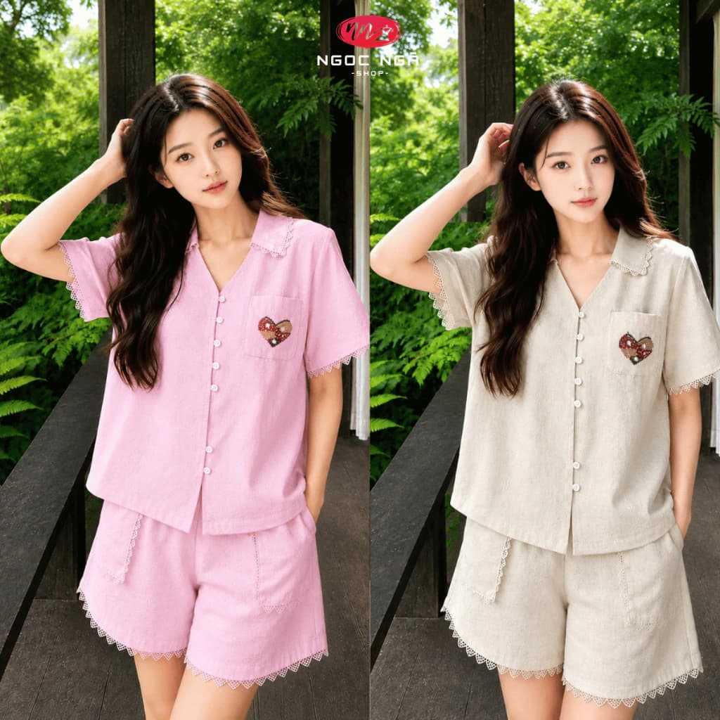 Bộ Linen Nữ Cao Cấp KELIVY Áo Cộc Quần Đùi Phối Ren Thêu Tim Mặc Nhà Đi Chơi 26108