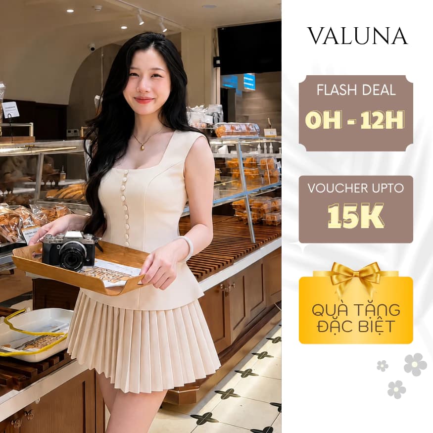 Set gile nữ cổ vuông cúc bọc phối chân váy xếp ly ngắn tôn eo tiểu thư sang xinh VALUNA STORE 2762