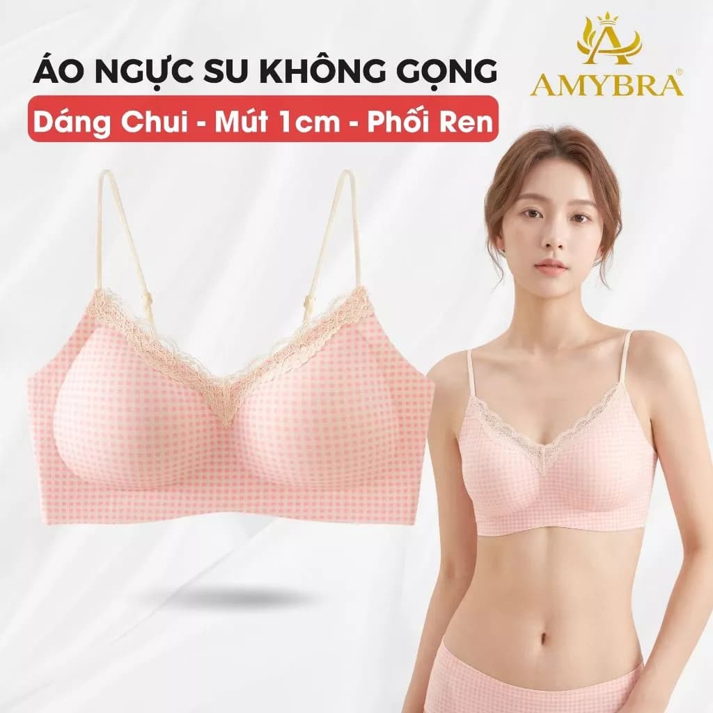 Áo Ngực Đúc Su Họa Tiết Ngọt Ngào Phối Ren Thanh Lịch, Áo Lót Nữ Mút 1cm Êm Ái Mềm Mịn AMYBRA A1233