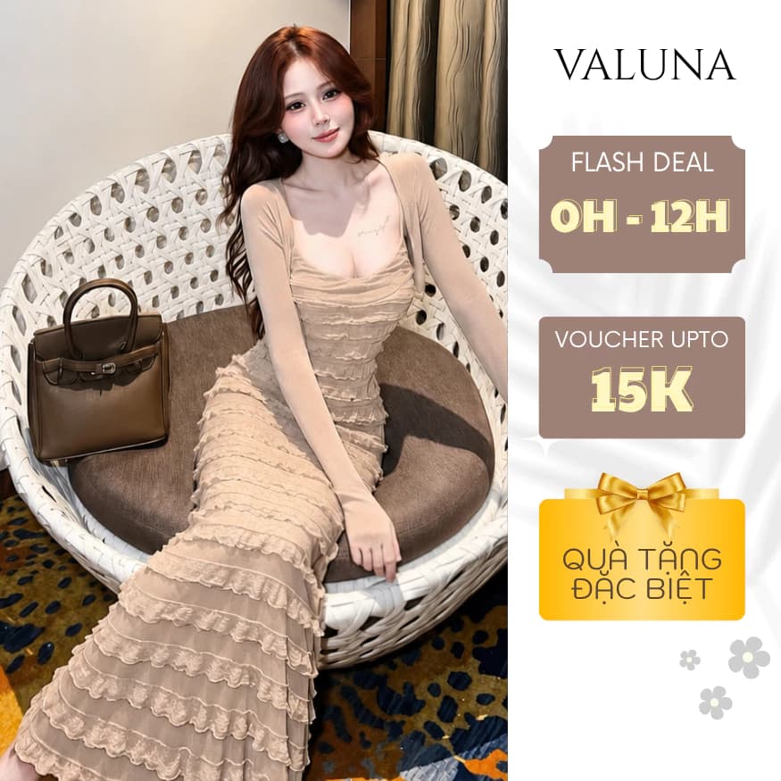 Set váy 2 dây dáng dài bèo tầng kèm cardigan len mỏng nữ tính sang chảnh VALUNA STORE 2765