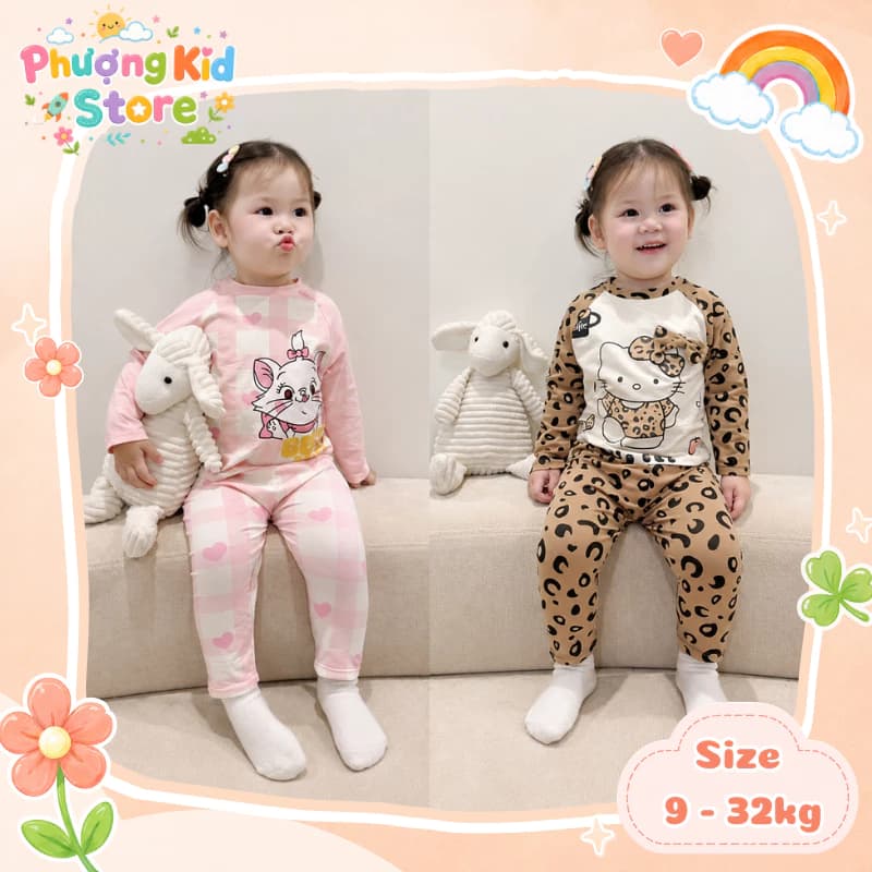 [A68 - BST 2026] Bộ thu đông bé gái, set dài tay in hình mèo họa tiết da báo kẻ ngang chất su 4 chiều mềm co giãn
