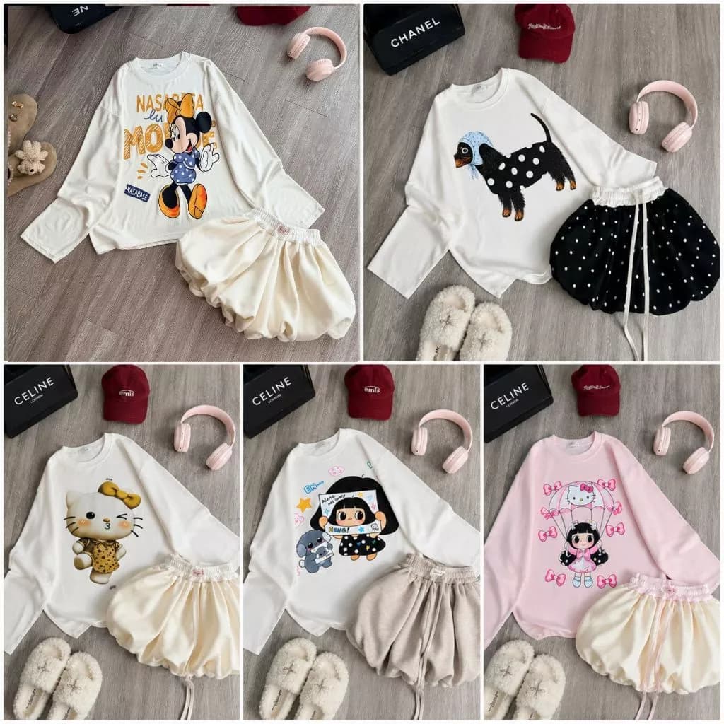 Set bộ nữ áo thun cổ tròn kèm quần bí, set áo in hình sắc nét phong cách trẻ trung mặc hè đi chơi