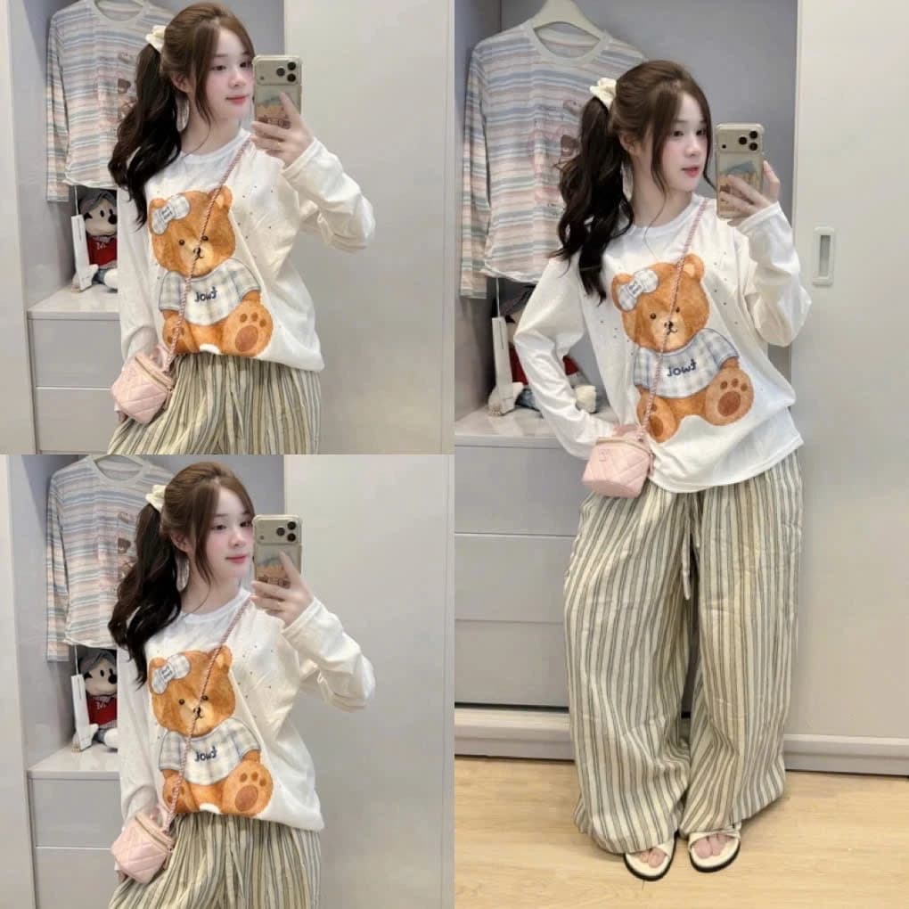 Set Bộ Đồ Nữ Áo Thun Giấy Trắng Mỏng Dài Tay In Gấu Nâu Twoi Nơ Xanh Mix Quần Kẻ Nilen Suông Dài Ống Rộng