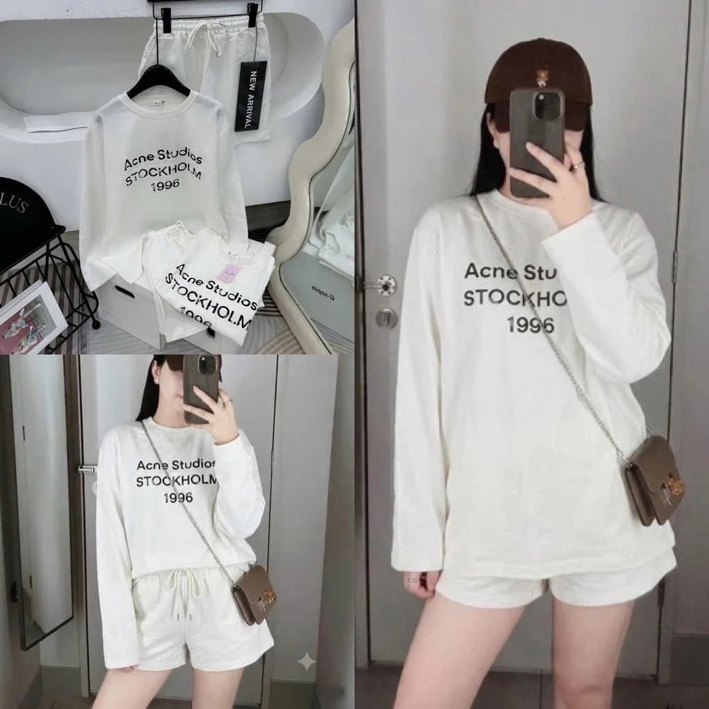 Set Bộ Đồ Nữ Nilen Xước Áo Dài Tay Cổ TRòn In Chữ Acne Studios Mix Quần Sooc Đùi Ống Rộng