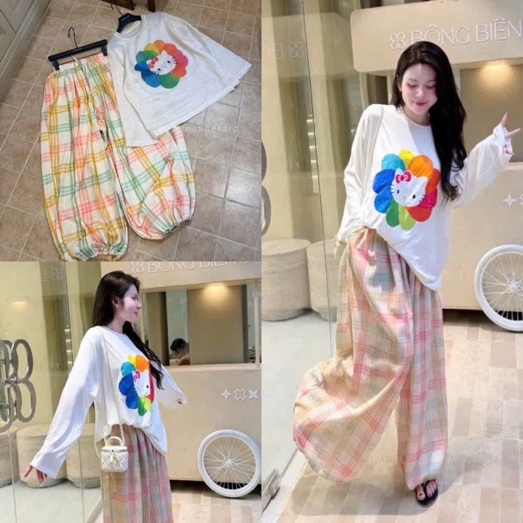 Set Bộ Đồ Nữ Áo Thun Giấy Trắng Dài Tay In Hoa Màu Mèo Kitty Mix Quần Dài Kẻ Caro Màu Ống Rộng Dây Rút Gấu