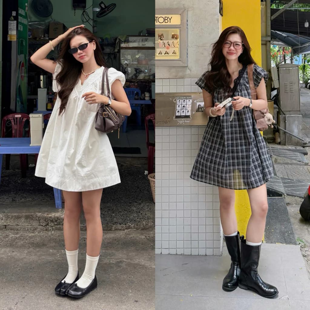 (ẢNH OLDSCHOOL) Váy babydoll thô kẻ caro dáng bồng V6630 Joy Dress