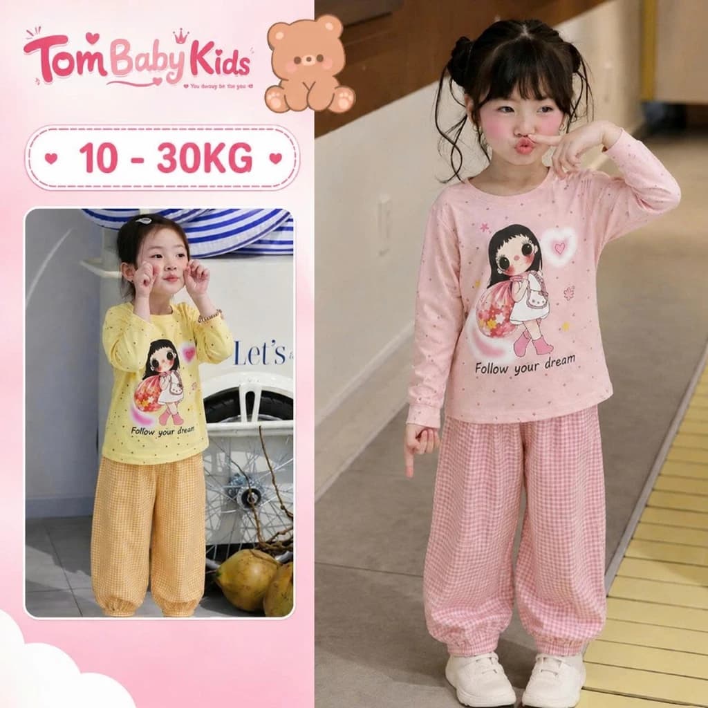 Bộ dài tay bé gái, đồ bộ bé gái dài tay áo cotton 4 chiều mềm mát phối quần kẻ bo chun cho bé 10-30kg Tom Baby Kids